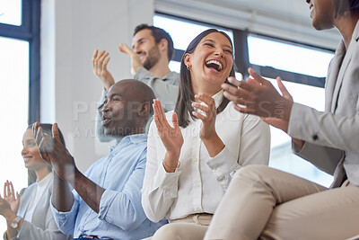 Buy stock photo Applause, success and business people meeting in conference room with celebration for company kpi achievement or sales. Excited corporate staff clapping hands for audience, project or career praise
