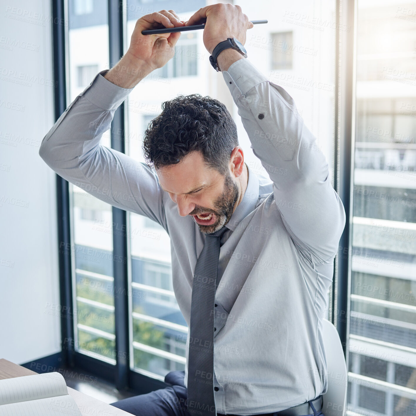 Buy stock photo Smash laptop, business and man with anger, stress and frustrated with startup, emotion or consultant. Person, employee or entrepreneur with pc, breaking computer or aggressive with mistake or crisis