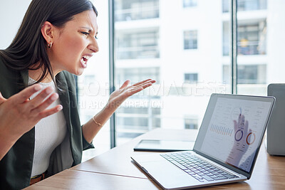 Buy stock photo Mental health, businesswoman angry and with laptop at her desk in her workplace office. Stress or anxiety, problem or mistake and female person frustrated with data review in her workspace with pc