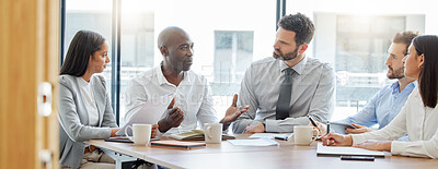 Buy stock photo Collaboration, teamwork or business people in meeting for project management or speaking of a strategy. Black man, corporate or employees talking in discussion with our vision for growth in office