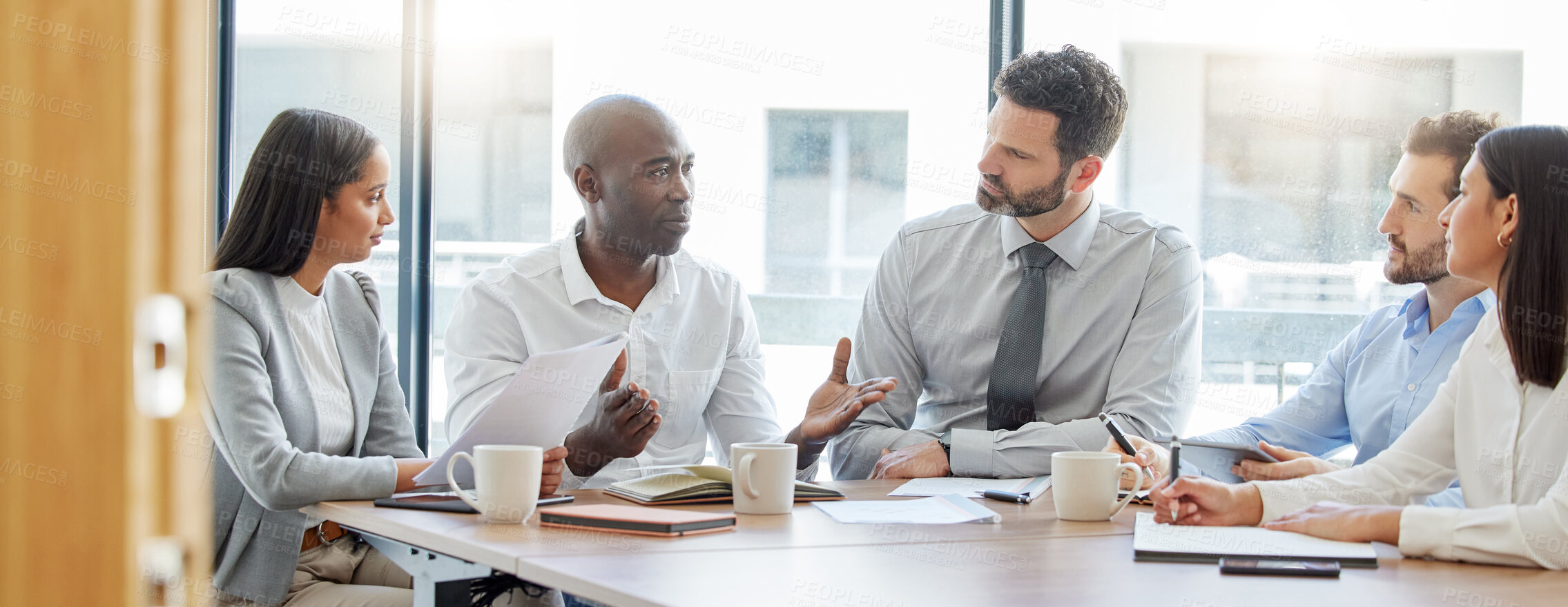 Buy stock photo Collaboration, teamwork or business people in meeting for project management or speaking of a strategy. Black man, corporate or employees talking in discussion with our vision for growth in office