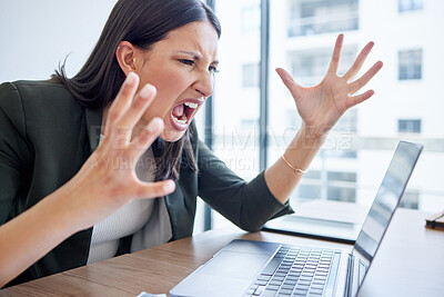 Buy stock photo Mental health, businesswoman screaming at laptop and at her desk in her office workplace. Stress or frustrated, angry and female person shout at pc for data review or feedback at her workstation
