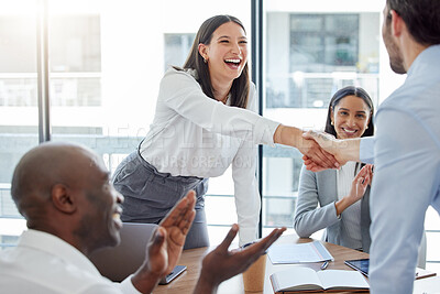 Buy stock photo Professional, introduction and shaking hands at the office during a meeting with applause. Business person, welcome and congratulation for a collaboration in the workplace for hiring and teamwork.
