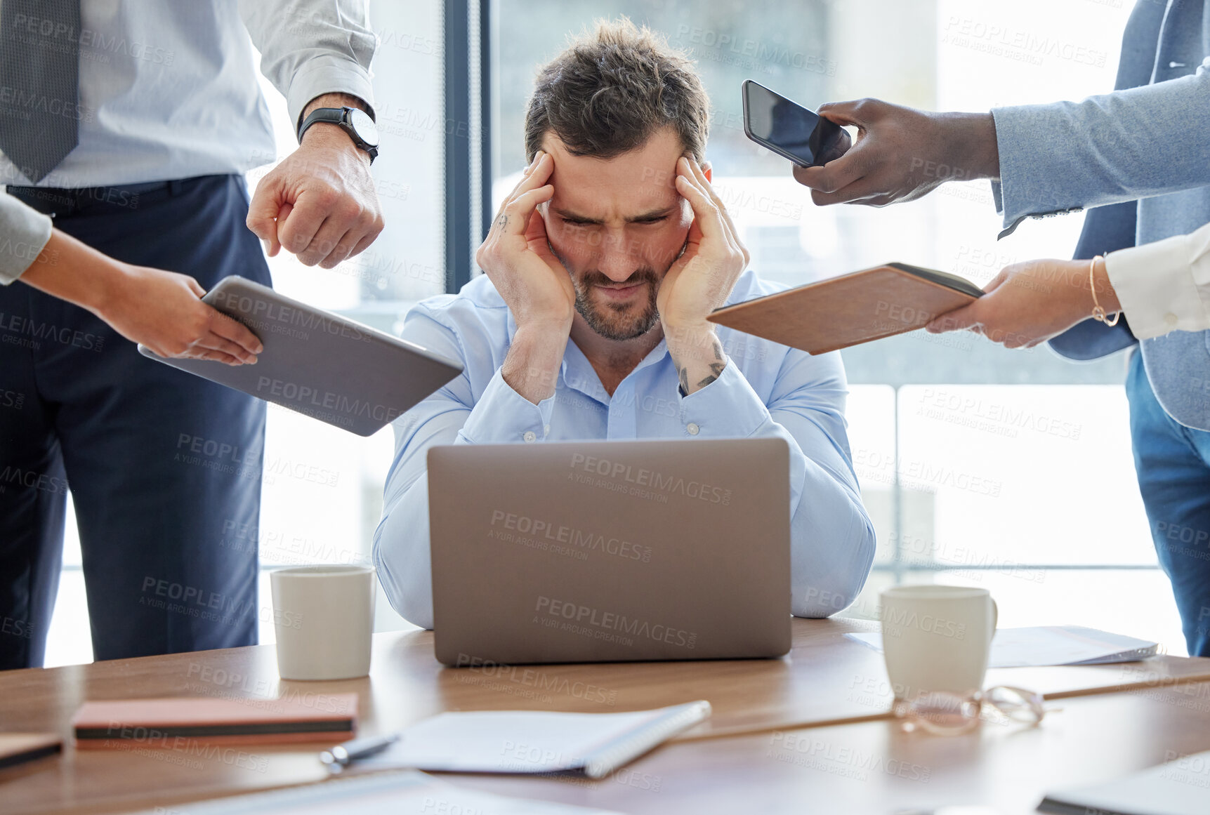 Buy stock photo Multitasking, stress and man overwhelmed in office with headache, burnout or accountant on audit. Financial, taxes and time management anxiety or frustrated by challenge with schedule or deadline