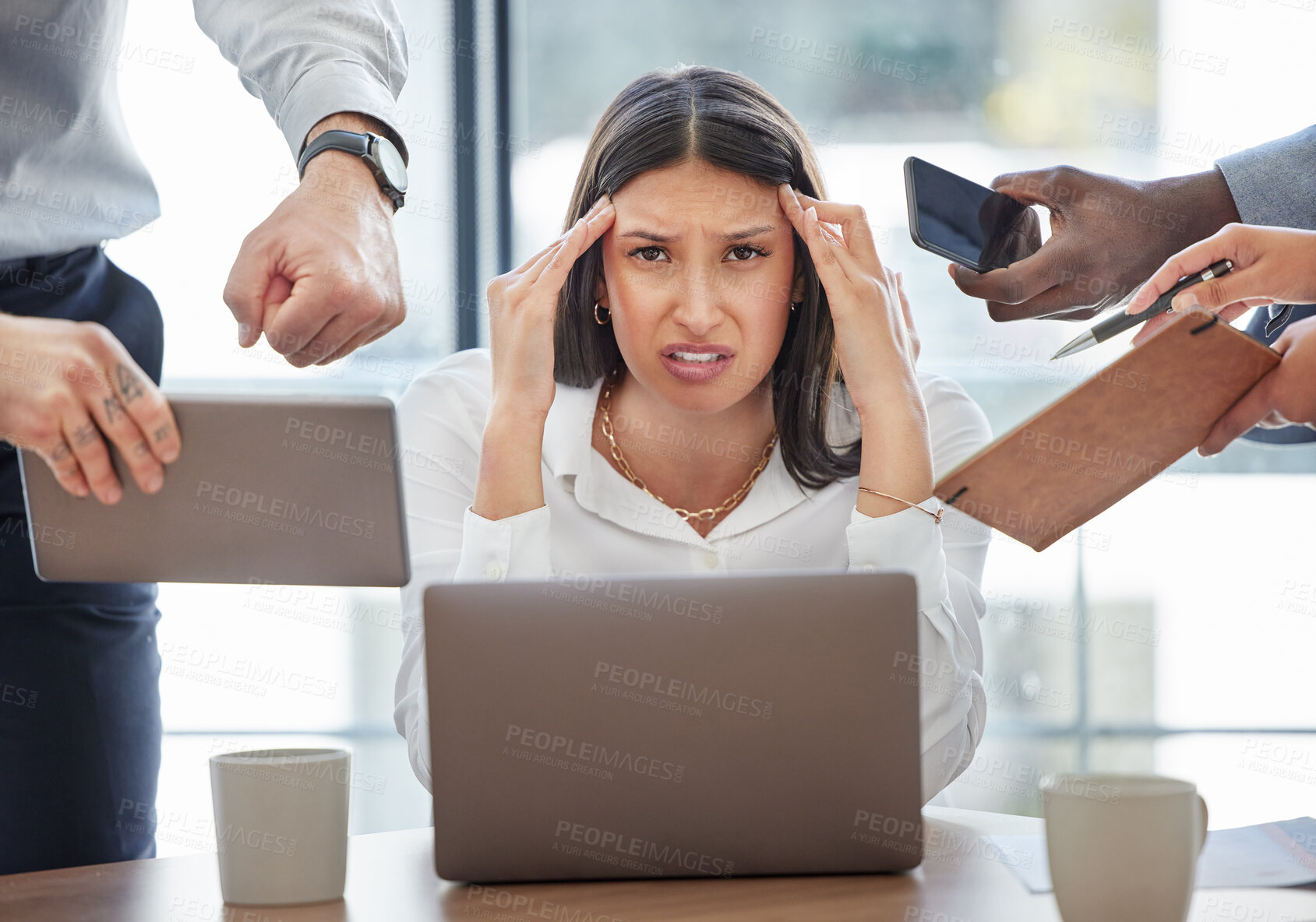 Buy stock photo Multitasking, stress and woman overwhelmed in office with business, burnout or portrait of audit accountant. Frustrated, employee and anxiety for time management chaos, challenge or deadline schedule