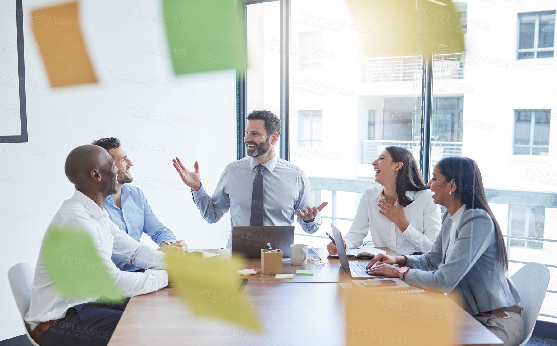 Buy stock photo Office, window and business people with meeting by table for sales planning, brainstorming and teamwork. Sticky note, employees and happy with discussion for review, kpi training or positive feedback