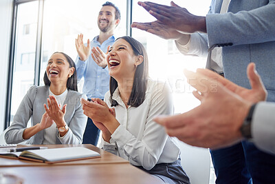 Buy stock photo Motivation, audience with an applause and in a business meeting at work with a lens flare together. Support or celebration, success and colleagues clapping hands for good news or achievement