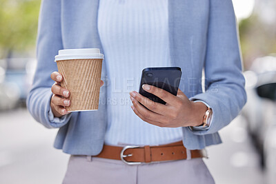 Buy stock photo Cropped shot of an unrecognizable businessman using his cellphone outside