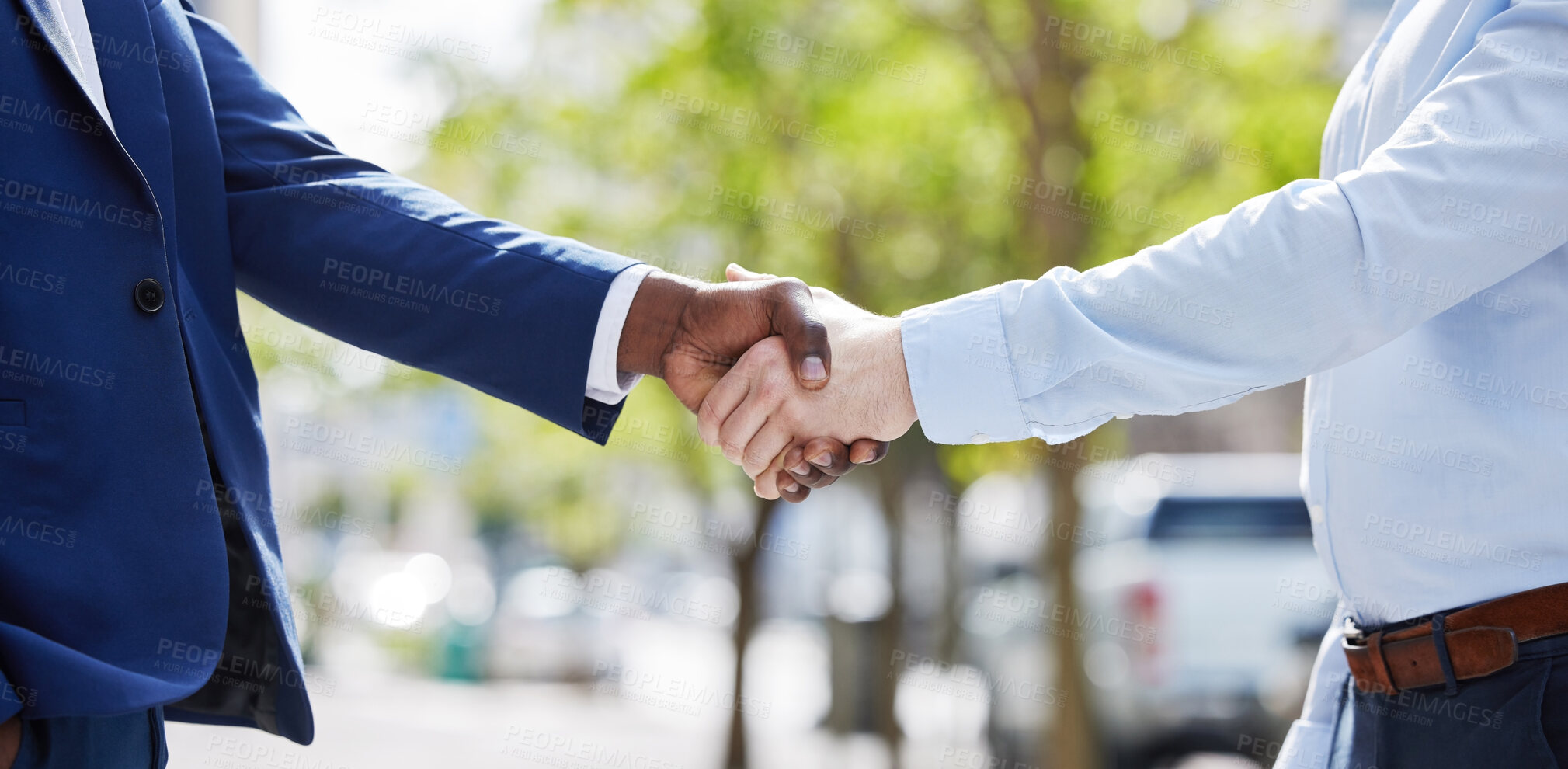 Buy stock photo Black man, hiring or businessman shaking hands in city for b2b negotiation or contract agreement. Handshake, thank you or zoom of manager meeting, networking or partnership deal opportunity outdoors