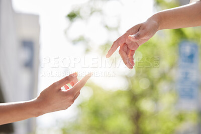 Buy stock photo People, hands and outdoor with reaching for relationship or trust, natural with bokeh for kindness. Palms, fingers and garden with care or together for love, gesture for couple with calm in New York