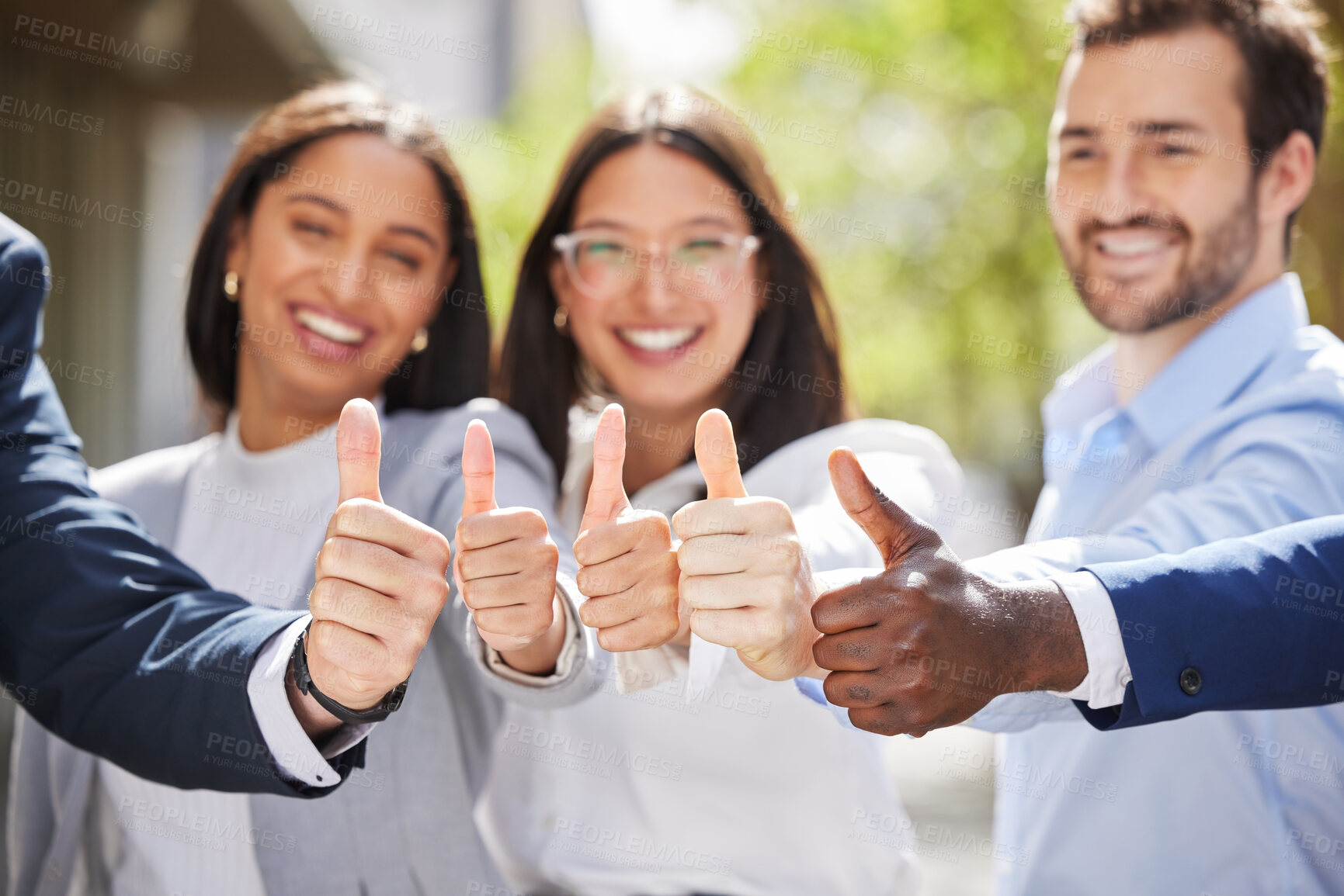 Buy stock photo Portrait, teamwork or thumbs up of business people outside in agreement for success growth in park. Diversity, motivation or happy employees in group collaboration with yes, like sign or thumb up