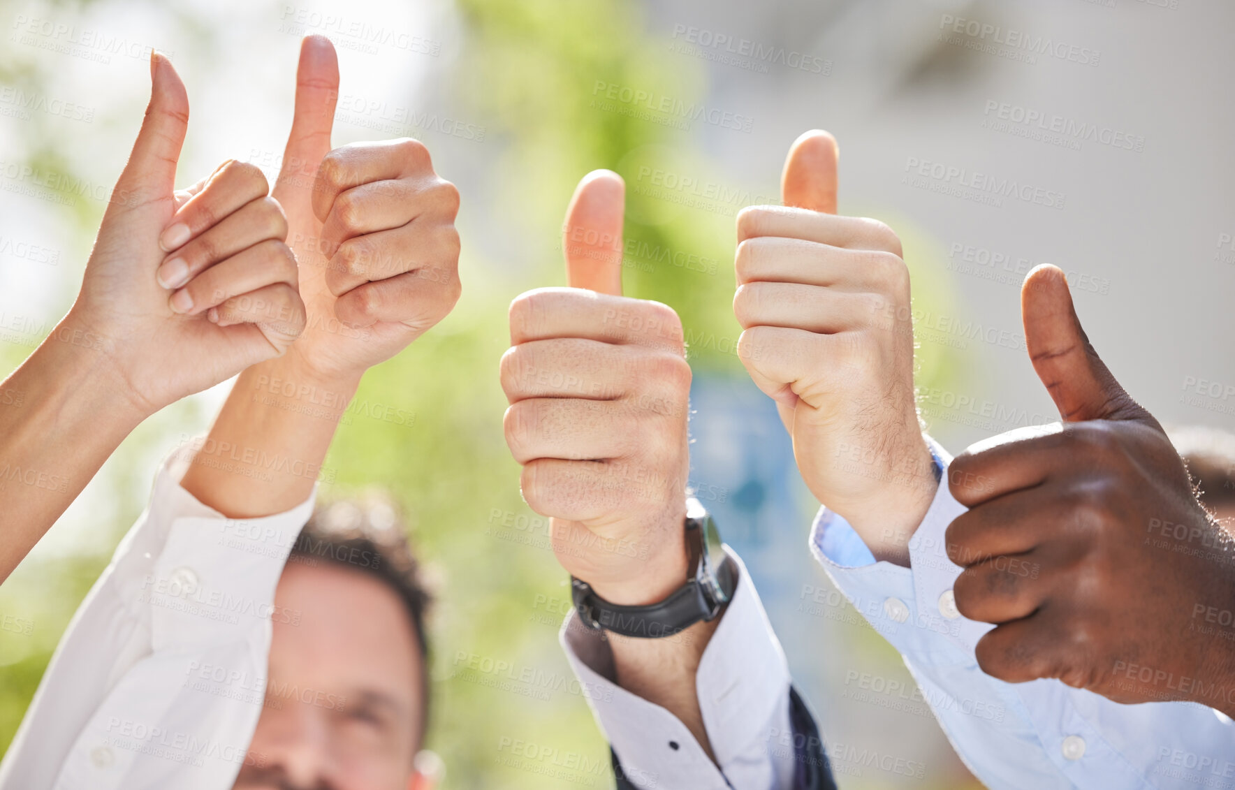 Buy stock photo Hands, teamwork or thumbs up of business people outside in agreement for success growth in park. Diversity, motivation or employees in group collaboration with yes, like sign or thumb up outdoors 