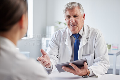 Buy stock photo Mature doctor, man and consultation with patient, tablet or happy for giving advice, results or good news. Medic, people and digital touchscreen for report, diagnosis and healthcare service in clinic