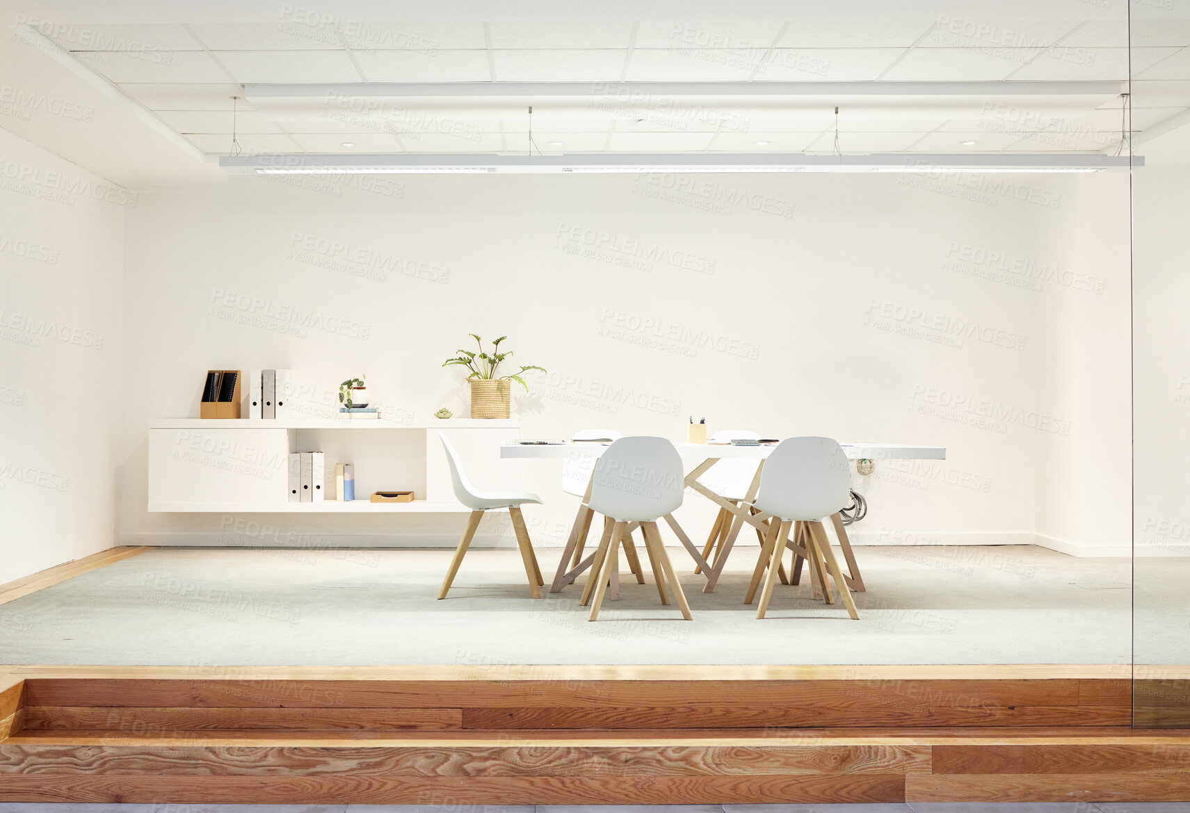 Buy stock photo Break, room and furniture in empty modern office or space with table and chairs on floor. Interior, workplace and creative company with decor for startup, real estate or property for working in venue