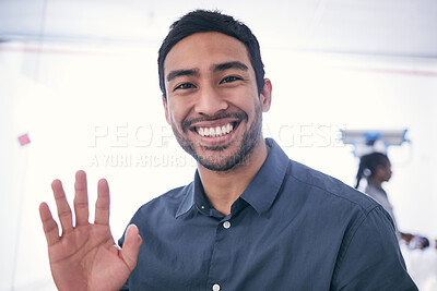 Buy stock photo Shot of a mature businessman waving at work