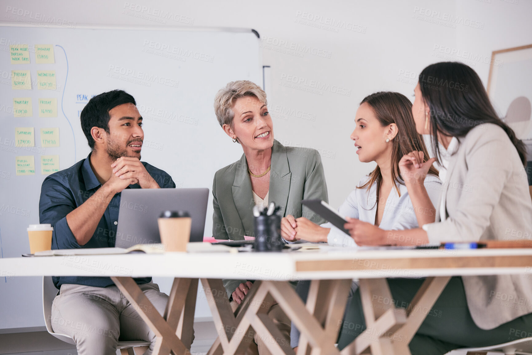 Buy stock photo Collaboration, laptop and meeting with business people in modern office for discussion or planning. Computer, training or workshop with man and woman employee team in boardroom for development