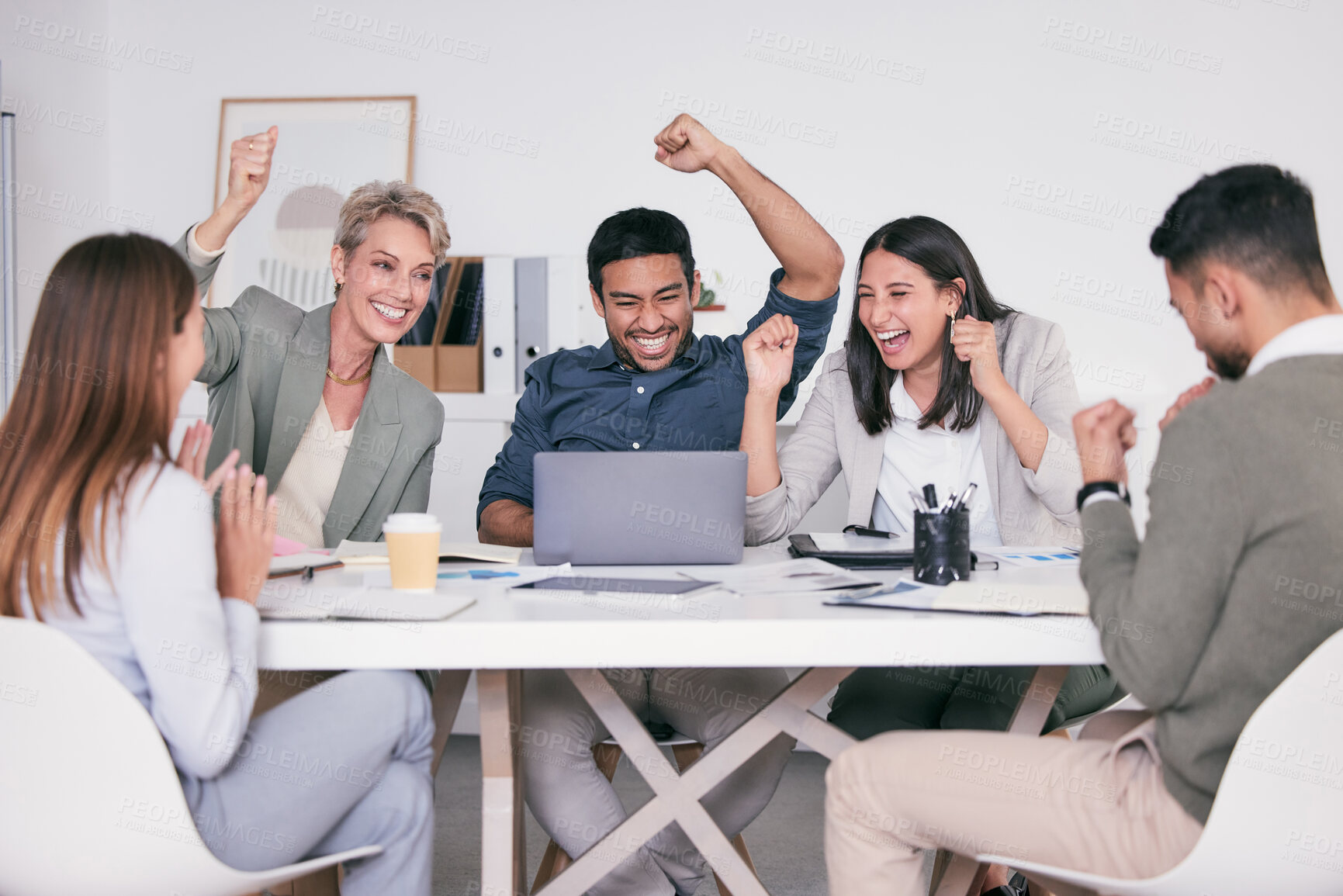 Buy stock photo Celebration, laptop and success with business people in modern office for meeting, planning or victory. Cheering, computer and motivation with winner man and woman employee team in boardroom for goal