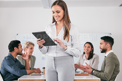 Buy stock photo Tablet, typing and business meeting of woman manager with employees engagement, b2b planning and schedule app. Leadership, management and happy person with digital technology or paperless in office 