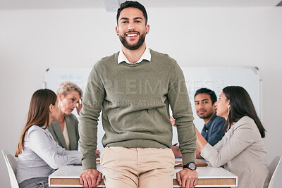 Buy stock photo Shot of a young businessman during a meeting