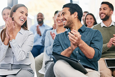 Buy stock photo Business people, applause and staff in a workshop, funny or teamwork with collaboration, support or success. Coworkers, audience or group clapping, humor or seminar for corporate training or laughing