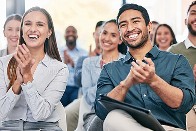 Buy stock photo Business people, applause and staff in a workshop, celebration and teamwork with collaboration, smile and success. Coworkers, audience or group clapping, happiness and winning with corporate training