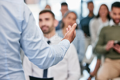 Buy stock photo Speaker, hands and presentation for employees with close up for a meeting at conference room. Seminar, training and hand for discussion with corporate team for learning about business or career.