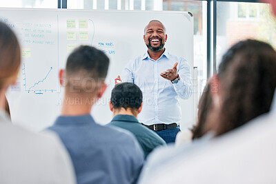 Buy stock photo Business, coach and presentation with employees for a seminar with explanation and smile. Speaker, professional and corporate team for training or learning at a meeting with audience for discussion.