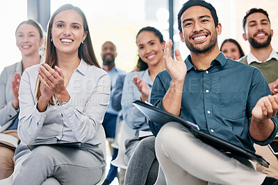 Buy stock photo Business people, applause and group in a workshop, celebration and collaboration with success. Coworkers, audience or staff clapping, happiness or company growth with development, teamwork or support