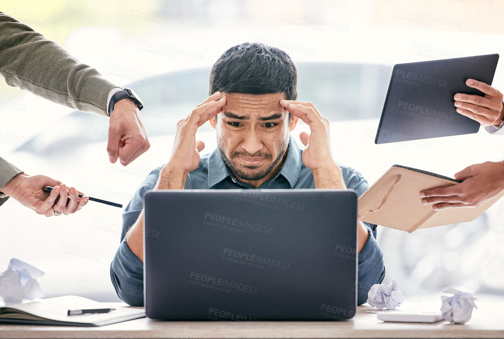 Buy stock photo Stress, headache and chaos of man on computer in burnout, anxiety or mental health crisis, mistake and fail. Depression, brain fog and manager for time management, business questions and people hands