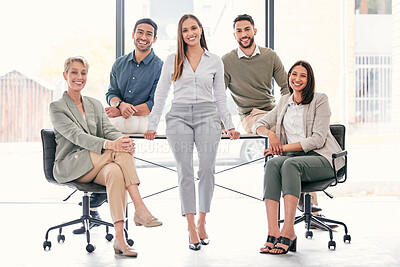 Buy stock photo Teamwork, partnership and portrait of business people in conference room for startup company. Corporate, career and group with pride for international investment, collaboration and project in agency