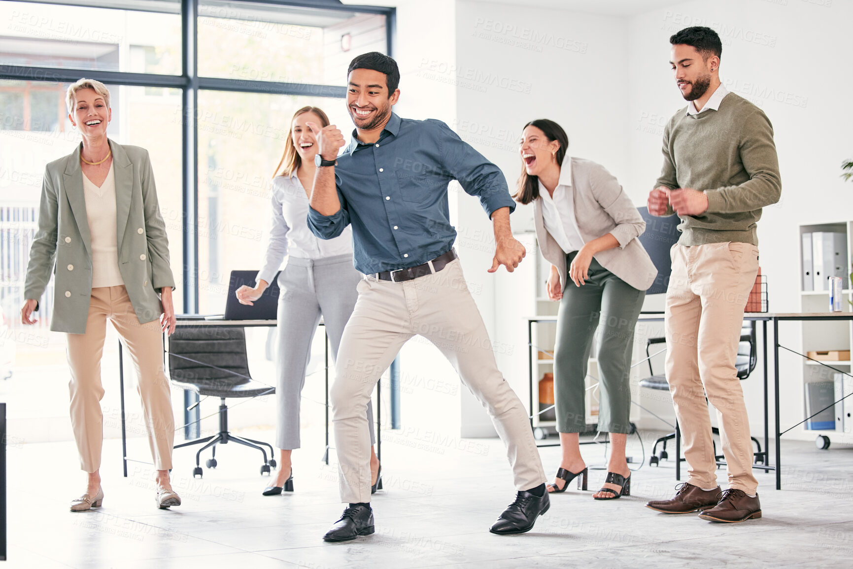 Buy stock photo Team, dance and office celebration with businesspeople for victory, goal and accomplishment together. Corporate, win, success and stress relief after good news about startup, company and enjoyment