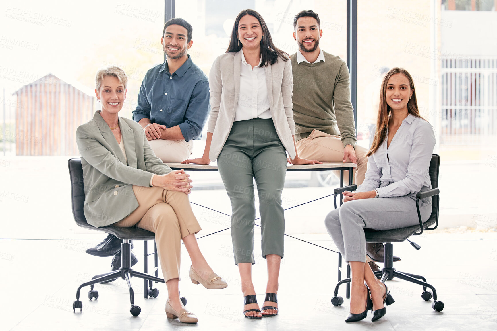 Buy stock photo Teamwork, partnership and portrait of business people at desk in conference room for startup company. Corporate, career and group with pride for international investment and collaboration in agency