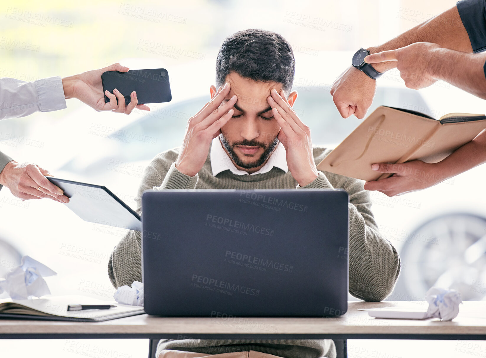 Buy stock photo Burnout, headache and chaos of business man with stress, anxiety or mental health crisis, documents and laptop. Project problem, phone call and paperwork of manager, time management and people hands