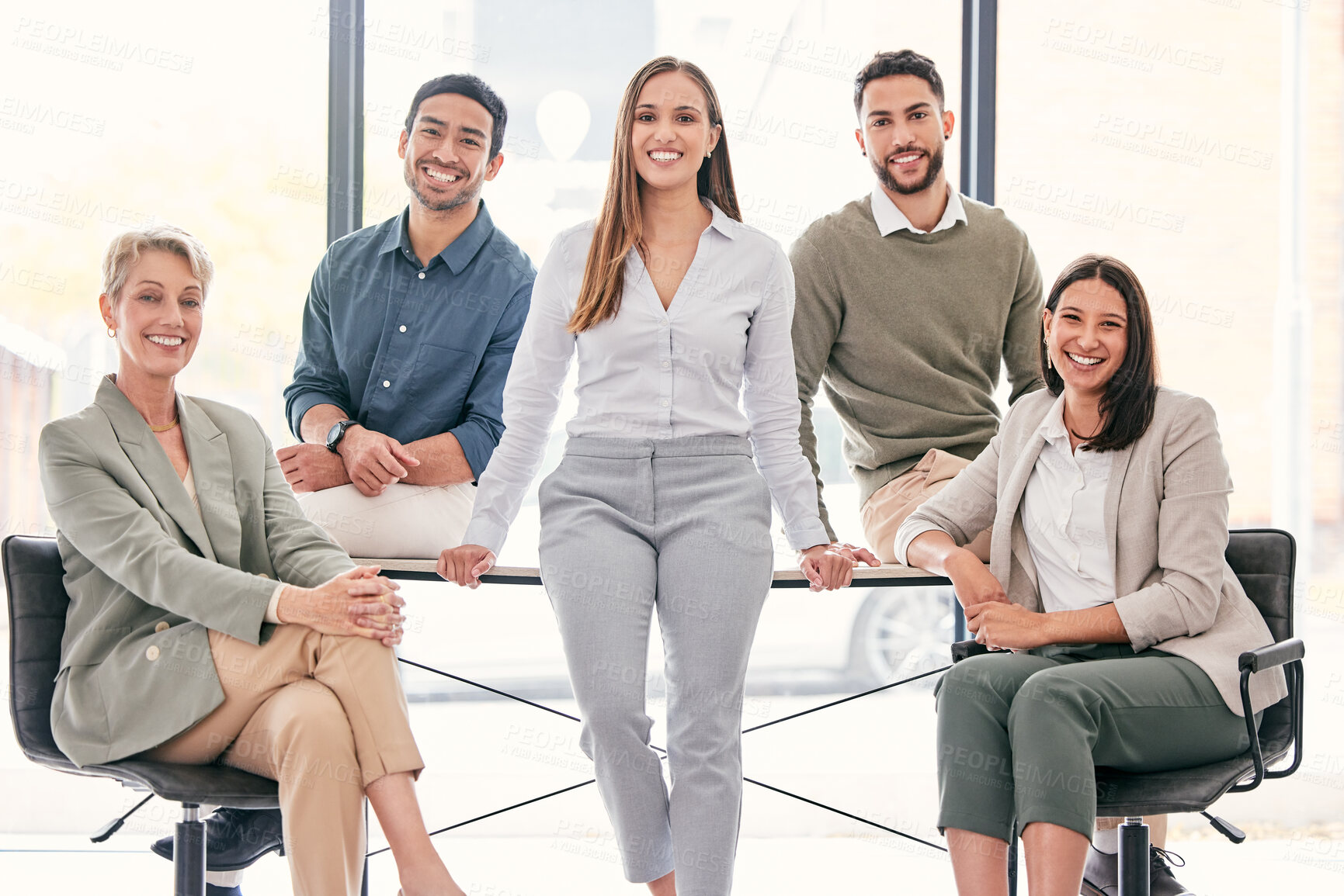 Buy stock photo Portrait, partnership and collaboration of business people in conference room for startup company. Corporate, career and group with pride for international investment, teamwork and project in agency