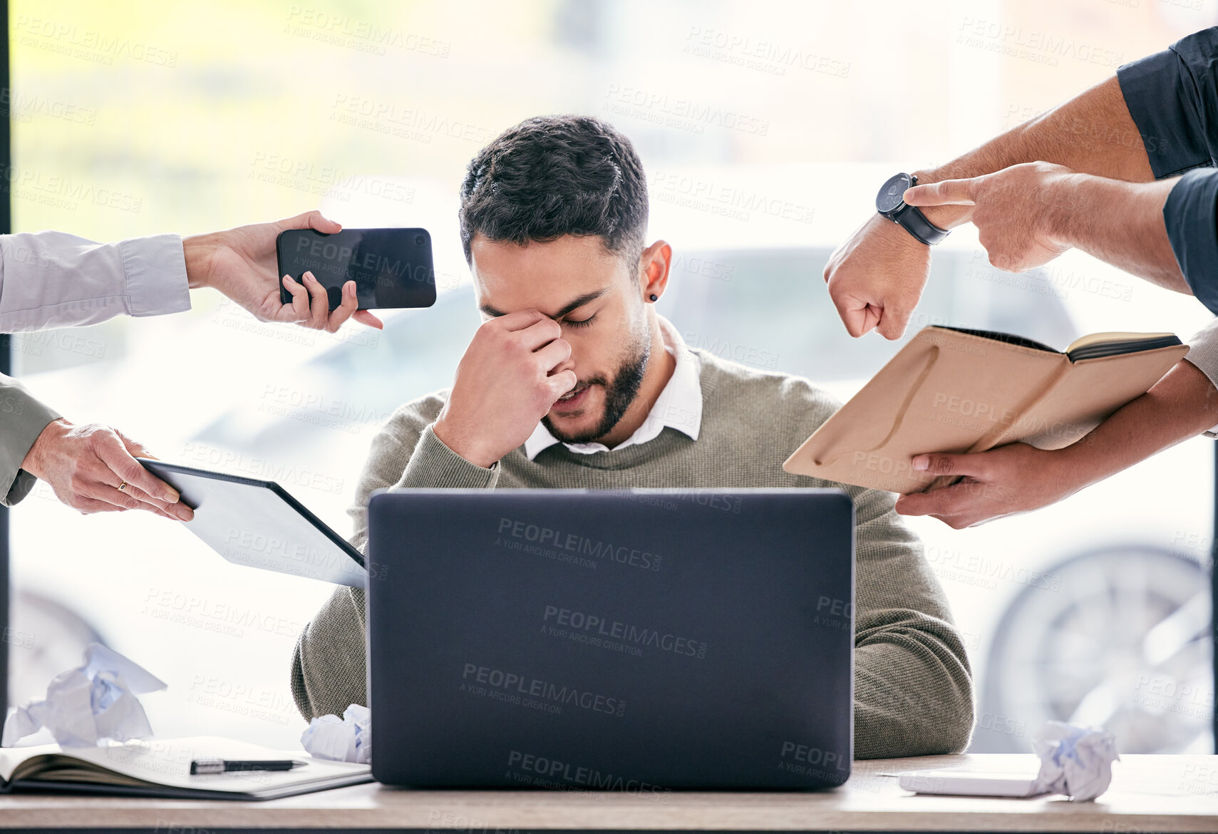 Buy stock photo Stress, headache and chaos of business man with anxiety, burnout or mental health crisis, documents and laptop. Project problem, phone call and paperwork of manager, time management and people hands