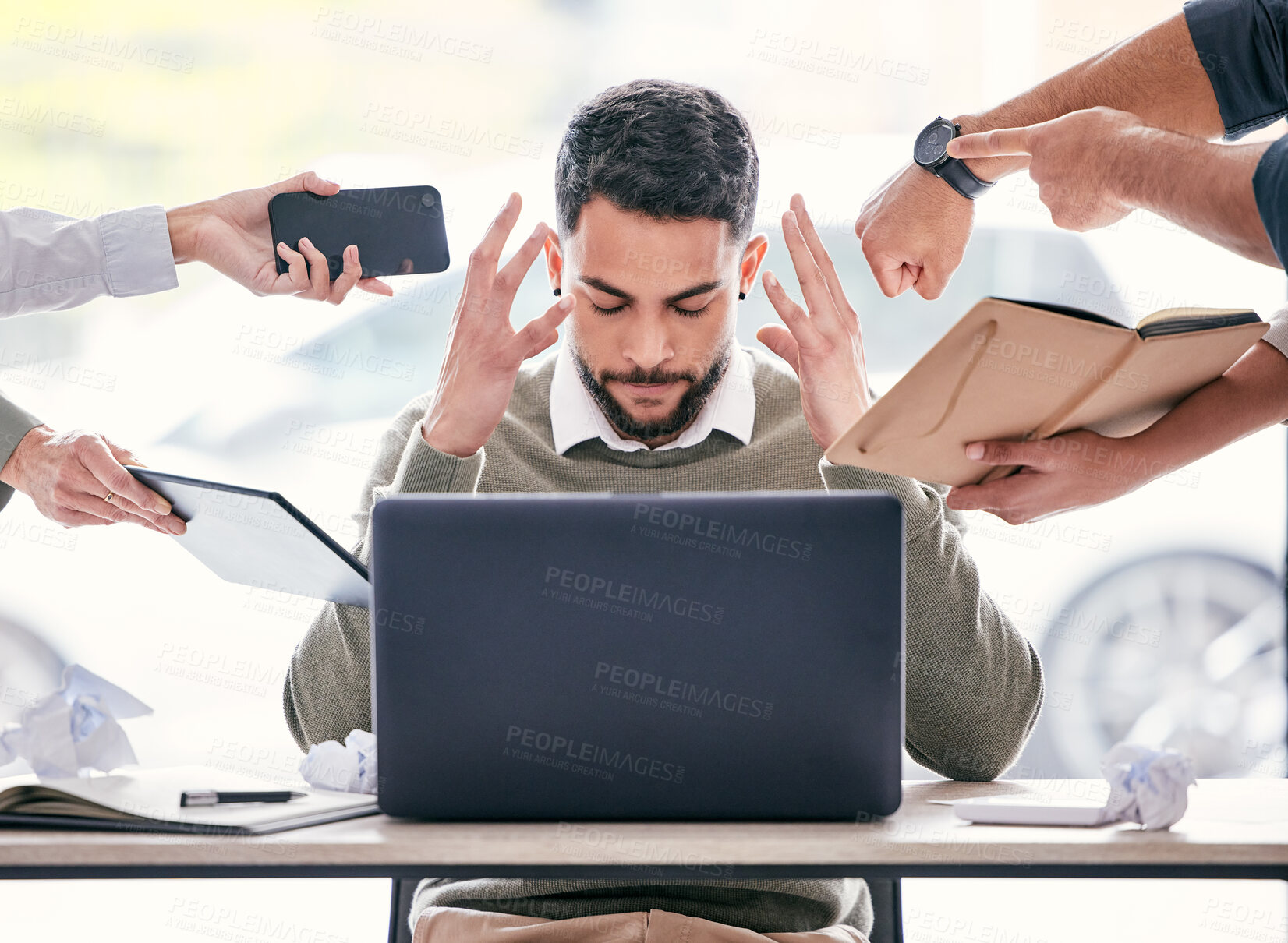 Buy stock photo Stress, computer and chaos of business man with burnout, anxiety or mental health crisis, documents and phone call. Project problem, laptop and brain fog of manager, time management and people hands