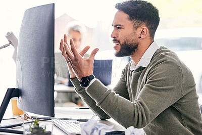 Buy stock photo Confused, frustrated and business man on computer with questions, 404 error and online problem, mistake or wrong email. What, reading and angry professional person on desktop pc in office with anger