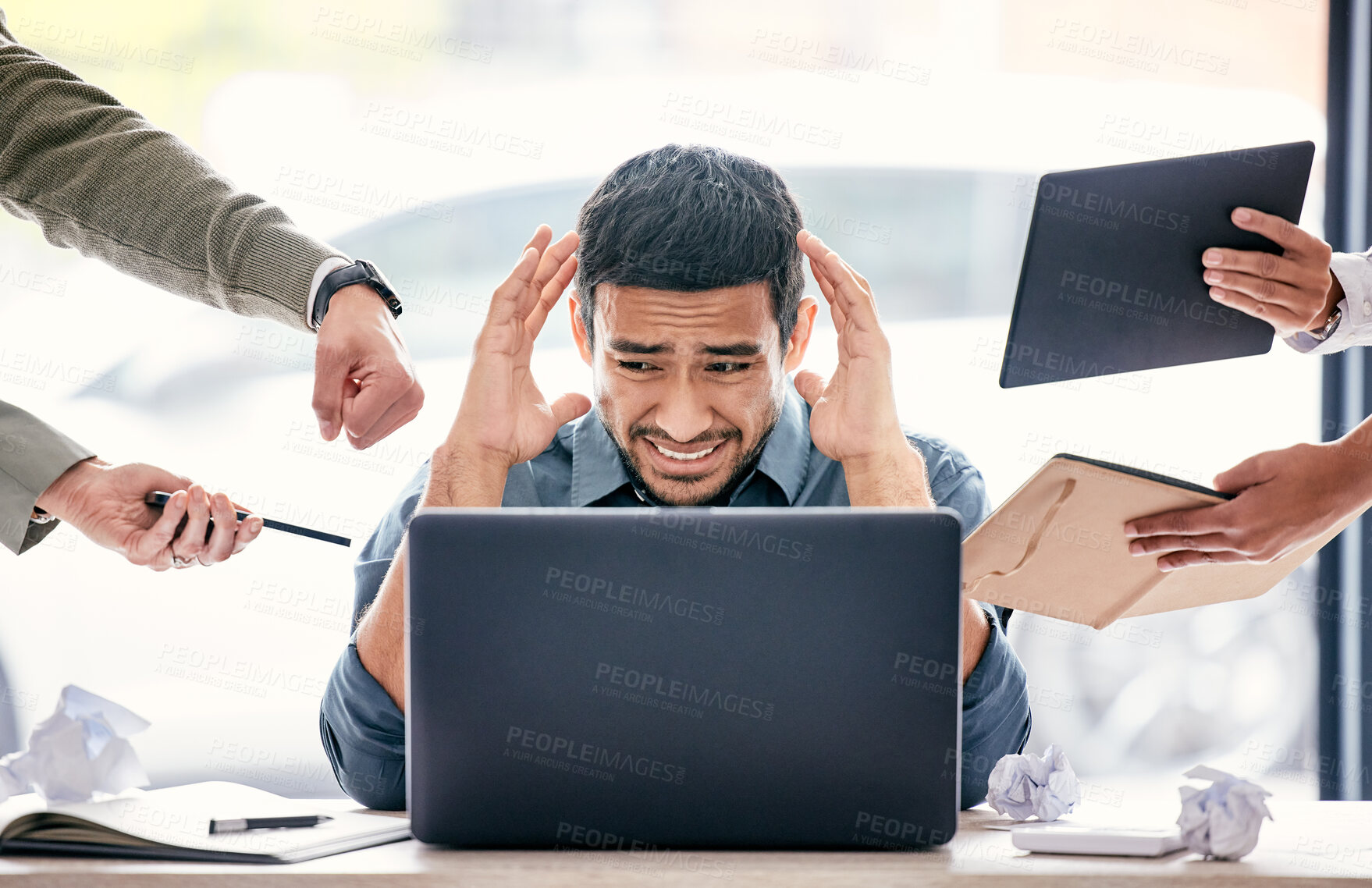 Buy stock photo Stress, burnout and chaos of man on computer with headache, anxiety or mental health, mistake and fail. Confused, brain fog and tired manager with time management, business questions and people hands