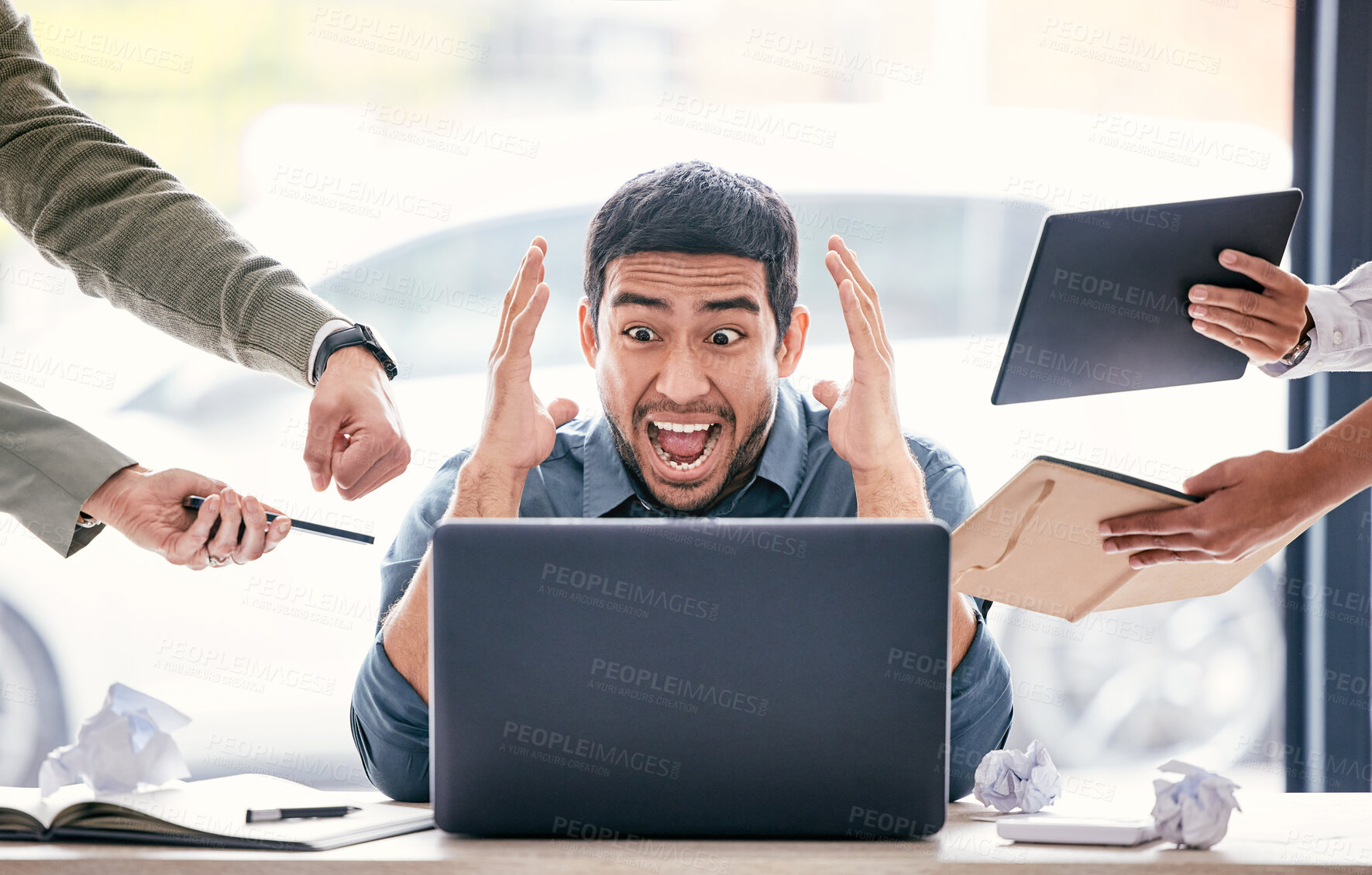 Buy stock photo Stress, angry and business man chaos on computer, mental health risk and frustrated for mistake, 404 error or job fail. Scream, laptop and burnout of manager for time management risk and people hands