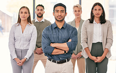 Buy stock photo Business people, diversity and team in office with portrait, professional and serious for reputation improvement. Men, women and together in corporate, sale representative, group and job confidence.