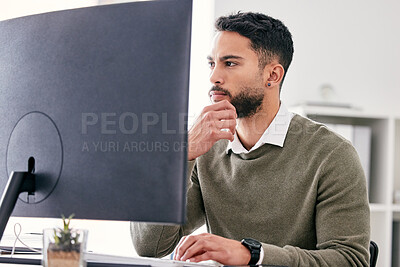 Buy stock photo Thinking, planning and business man on computer for website solution, research and serious, focus or job decision. Reading, review and choice of web designer person on desktop pc for problem solving