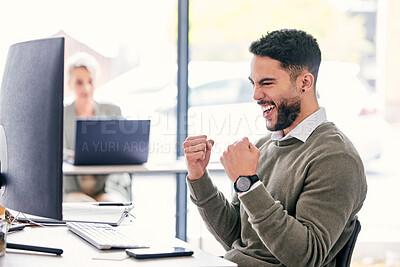 Buy stock photo Winning, computer and business man for success, online news and bonus with cheers, yes and excited. Happy professional person or winner on desktop pc with fist, celebration and achievement or results