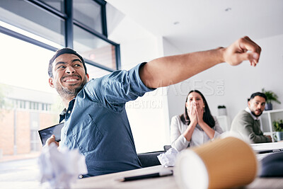 Buy stock photo Angry, stress and businessman throw tablet at office desk from anxiety, burnout and 404 software glitch. Frustrated employee destroy tech, anger management and problem or error and crazy deadline