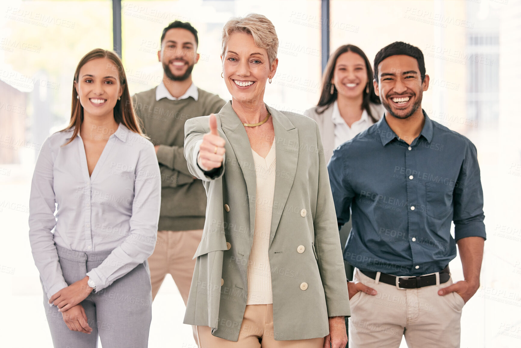 Buy stock photo Portrait, thumbs up and woman manager with people success, business teamwork and thank you sign or emoji. Group, leadership and happy person or employees like, yes and okay or thanks and winning hand