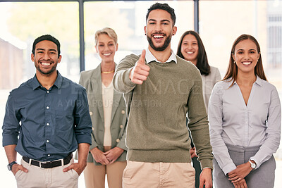 Buy stock photo Thumbs up, portrait and business people with manager success, teamwork and thank you sign or emoji. Group, leadership and happy man with employees for like, yes and okay or thanks and winning hand