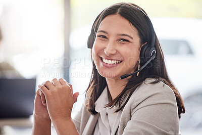 Buy stock photo Portrait, woman and happy call center worker with headset, smile and professional mindset for customer service, support or help. Face, person and working in telemarketing, crm or online consulting