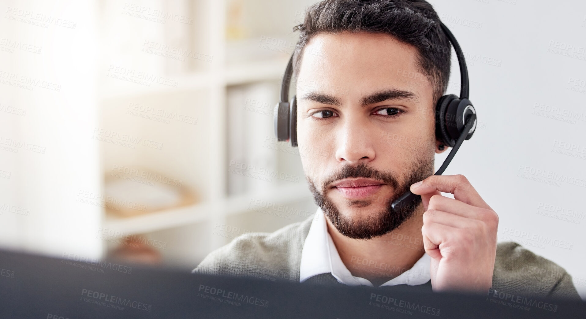 Buy stock photo Business, call center and man with telemarketing, customer service and help desk in modern office. Person, employee. and insurance consultant with headphones, crm and advice for fraud department