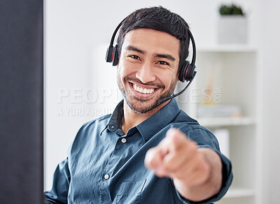 Buy stock photo Call center, pointing and portrait of man in office for consulting, communication and customer service. Motivation, support and contact us with male employee for advice, sales or telemarketing choice
