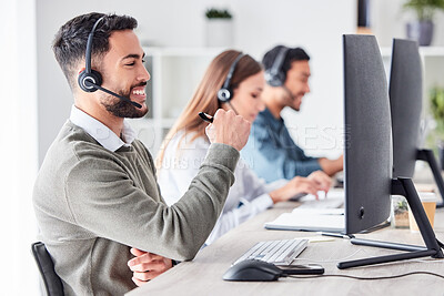 Buy stock photo Man, call center and working in team office with headset, computer for online customer support, service or help. Businessman, employee and job in crm, telemarketing or communication help desk