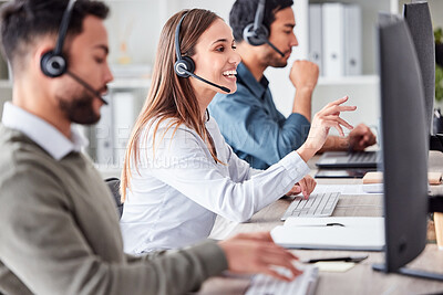 Buy stock photo Woman, call center and working in office workspace with headset, computer and online customer support, service or help. Businesswoman, smile and contact us, crm and telemarketing employee talking 